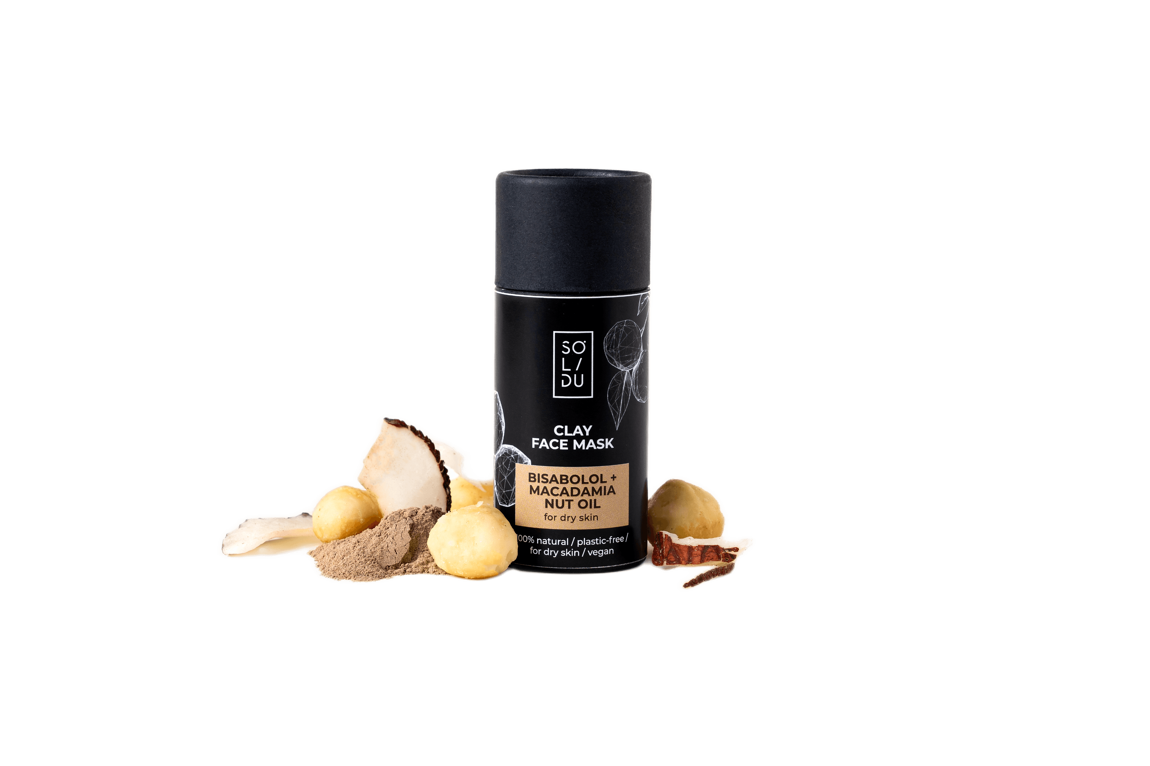 SOLIDU
CLAY FACE MASK
BISABOLOL + MACADAMIA NUT OIL
FACE MASK
With Ghassoul Clay for Dry Normal Skin- 55 gr